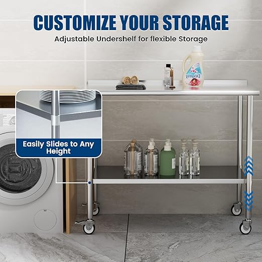 Stainless Steel Work Table with Wheels, 30x60 Inch NSF Food Prep Table with Backsplash & Adjustable Undershelf for Commercial Kitchen, Restaurant, Garage