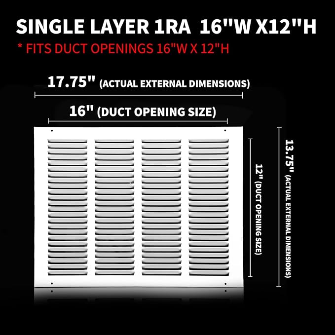 16x12 Return Air Grille(Duct Opening Size),Air Return Vent Cover,Flat Vent Cover,Rejillas De Aire Acondicionado Para Casa,Return Air Grilles,Outer Dimensions:17.75"Wx13.75"H(16"W x 12"H, Duct Opening)