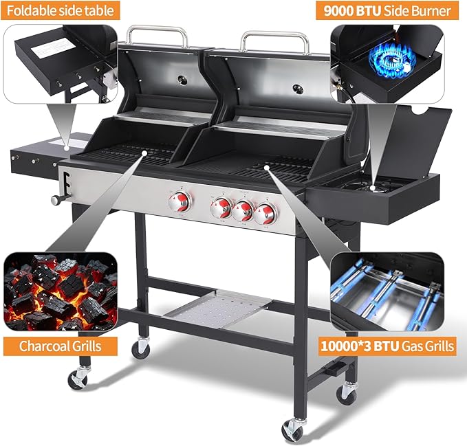 Propane Gas and Charcoal Grill Combo | Griddle Grill with Side Burner | BBQ Grills 2-in-1 | 41,500 BTU Output, 673 SQ IN Cooking Area Perfect for Outdoor Events & Backyard Barbecue
