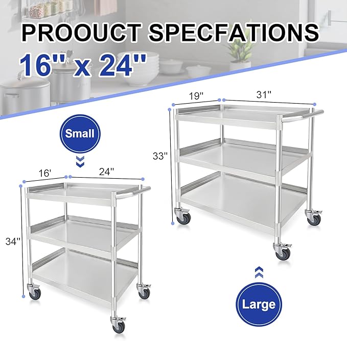 3 Tier Stainless Steel Utility Cart | Heavy Duty Metal Rolling Cart with Handle & Wheels | Ideal for Kitchen, Restaurant, Hospital, Laboratory & Home (16''x24''x34'')