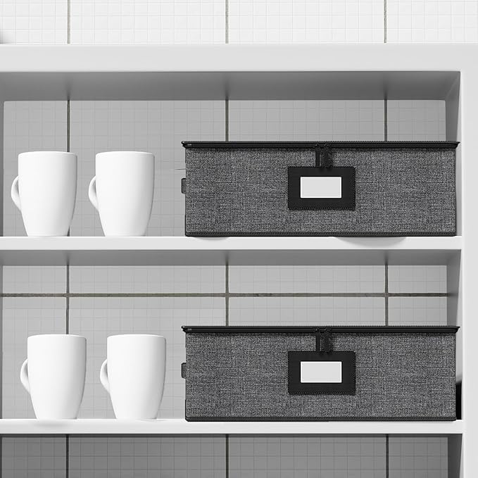 Aokeyee 2-Pack Cup and Mug Storage Box, Hard Shell China Storage Containers - Holds 24 Coffee Mugs, Tea Cups & Glasses, Stackable Organizers with Lid, Handles, Zippers & Label for Moving