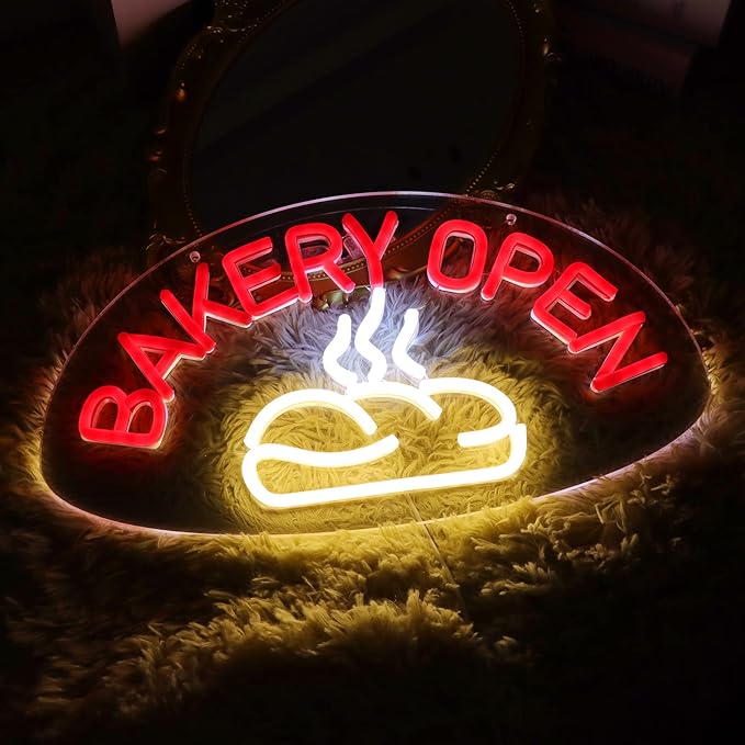 JFLLamp BAKERY OPEN Neon Signs for Wall Decor Neon Lights for Bedroom Led Business Signs Suitable for Bakery Cake Shop Restaurants Canteen Christmas 5V Power Adapter, 15.7 * 8.6 Inch(Red + White)