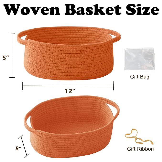 Gift Basket with Gift Bag and Ribbons,Small Rope Woven Shelf Storage,Baskets for Gifts Empty,Birthday,Baby Shower,Decorative Organizer Box with Handles(Orange)