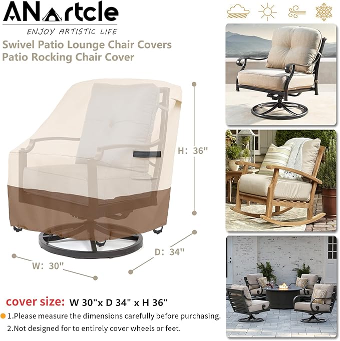 Outdoor Swivel Lounge Chair Cover 2 Pack,600D Waterproof Heavy Duty Outdoor Chair Covers(30 W x 34 D x 38.5 H inches),Patio Swivel Chair Covers for Outdoor Furniture,Beige&brown.
