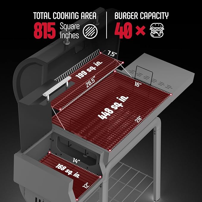 BBQ Charcoal Grill with Offset Smoker Grill and Side Table, 30-In Heavy-Duty Outdoor BBQ Grill with 832 Sq. In. Cooking Space for Outdoor Barbecue in Backyard, Patio and Parties, Black