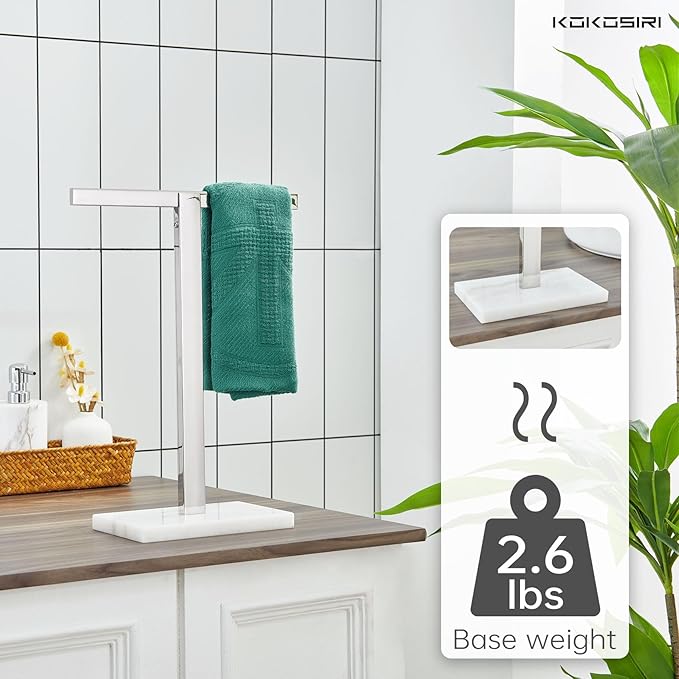 KOKOSIRI Hand Towel Rack Stand Towel Bar with Marble Base for Bathroom Kitchen Vanity Countertop, Polished Stainless Steel 15.7'' Height THS0002-SM-CH