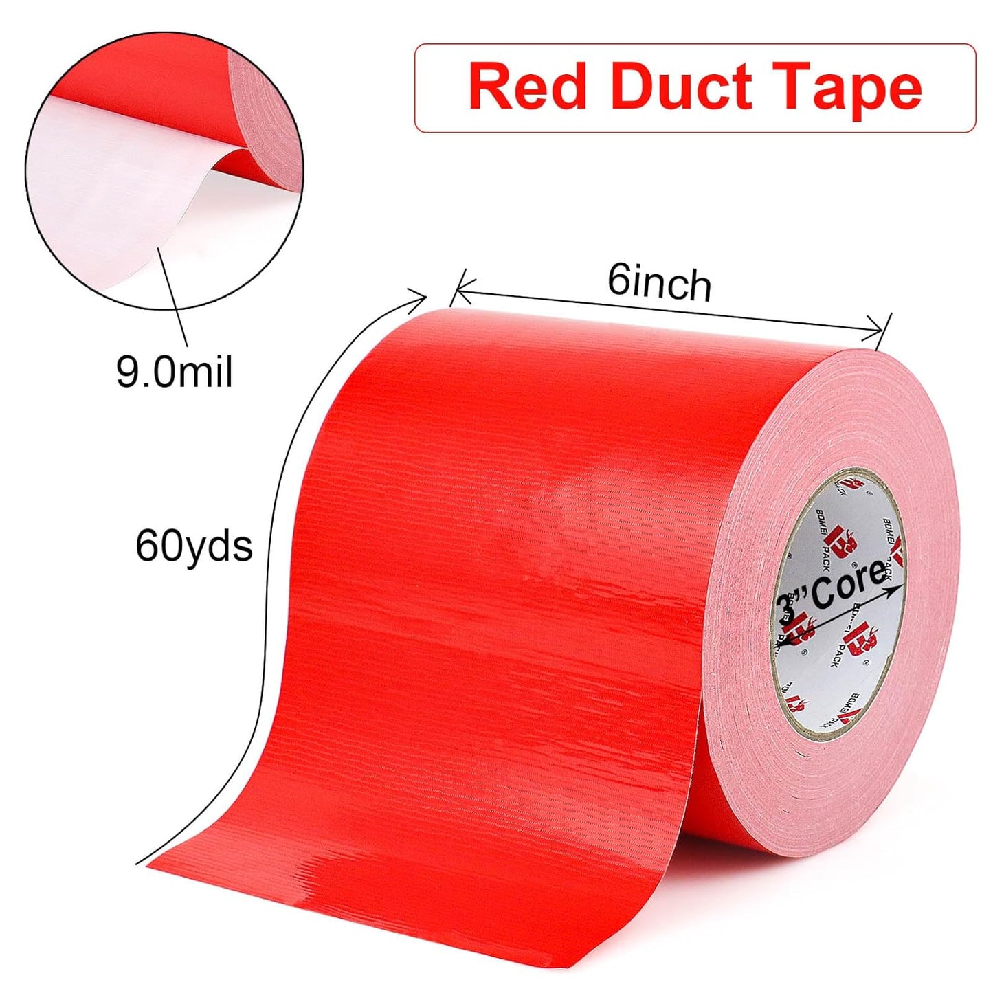 BOMEI PACK 6" Red Duct Tape,Wide Roll,6 Inches x 60 Yards,9 Mil Thick Heavy Duty,Waterproof,Flexible,No Residue and Tear by Hand,Multi-Use for Indoor & Outdoor Repairs