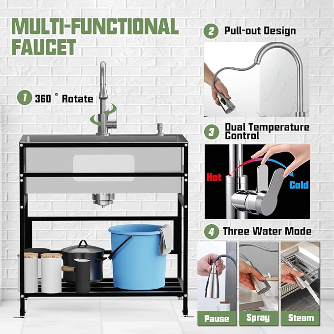 30x18 Inch Stainless Steel Utility Sink-Freestanding Laundry Sink Practicality With Accessories Stainless Functional Faucet,Soap Dispenser, SS Sink Grid For Laundry,Garage,Outdoor Kitchen,Garden...