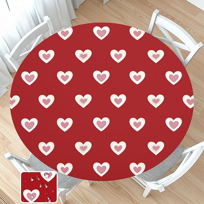 Valentines Day Round Fitted Tablecloth with Elastic Red Pink Heart Circle Table Cloth for 40-44" Round Tables Wipeable Waterproof Washable Burgundy Valentine Table Cover for Picnic Dining Party Decor