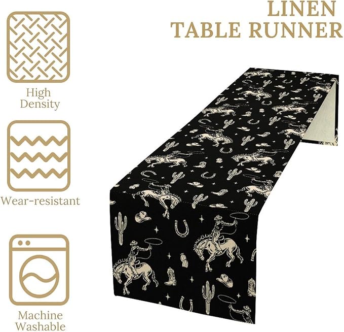 Vintage Western Cowboy Table Runner, Wild West Cowboy Riding Horse Desert Cactus Themed Table Runner for Home Kitchen Dining Party Farmhouse Cafe Outdoor 13x120in