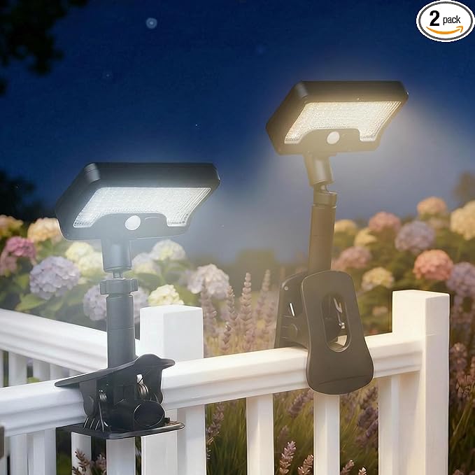 Solar Fence Lights Outdoor, 3CCT Motion Sensor Clip On Light with Adjustable Modes, 600LM IP65 Waterproof, Dusk to Dawn, 1500mAH USB Solar Powered for Garden, Wall, Black [2-Pack]