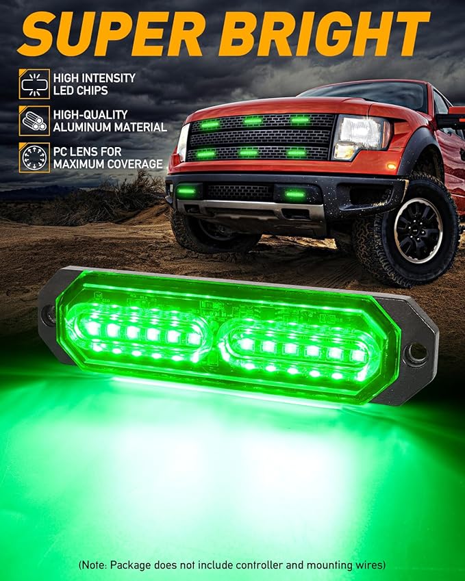 HLauto 1200T Emergency Strobe Grille Lights: 8pcs 12 LED Sync Feature Safety Warning Flashing Lights, Ultra Slim Surface Mount Hazard Caution Lights for Trucks, Vehicles, Car, ATV, UTV (Green)