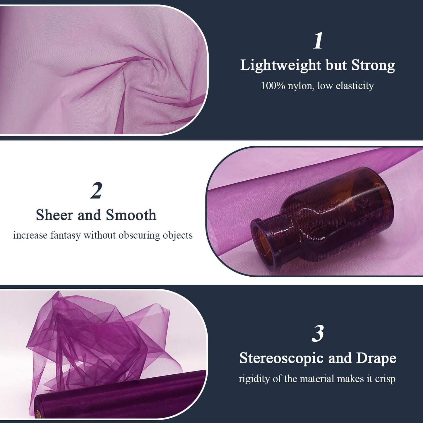Purple Organza Tulle Fabric Rolls, Crystal Organza 12" by 50 Yards (150 ft) Sheer Nylon Silky Shiny Netting Spool Bolt for DIY Craft Table Runner Wedding Baby Shower Party Decor (Purple)