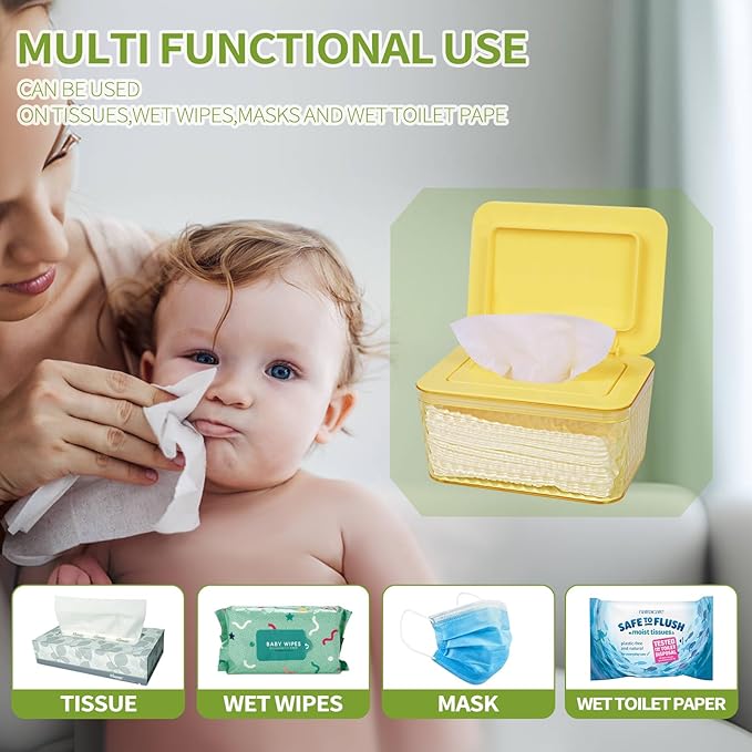 Wipes Dispenser, One-Handed Operation Wipe Holder for Baby & Adult, Seal-Designed Wipes Container for Bathroom Keep Diaper Wipes Fresh (Yellow)