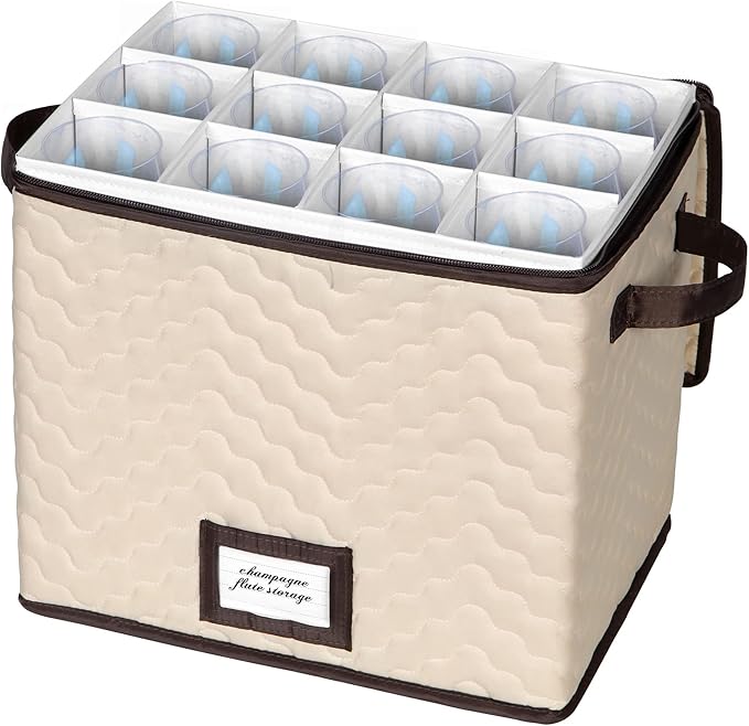 Wine Glass Storage Box with Dividers - Stemware Storage Case, Durable Quilted Microfiber Bin with Carry Handles, Protects Fine China - (1 Pack, Champagne Flute)