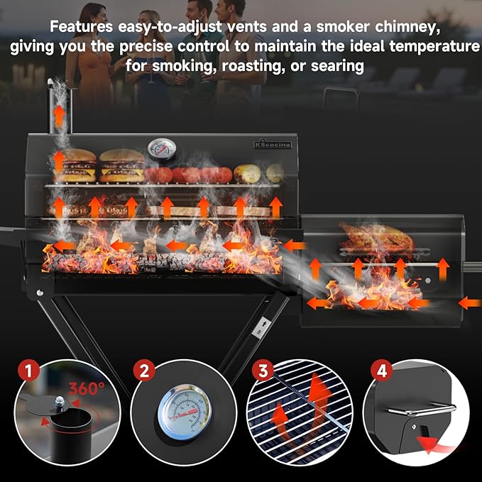 Portable Charcoal Grill with Smoking Function, Foldable Suitcase Design with Wheels, Multi-Tier Storage Rack & Waterproof Cover for Outdoor BBQ Parties (Black)