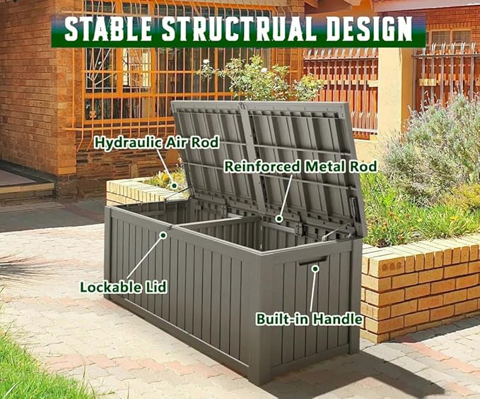 NUNU LAB 180 Gallon Outdoor Storage Box,Resin Large Sturdy Deck Box, Backyard Outside Storage Box Waterproof with Double Wall Panels,Package Delivery Garden Outdoor Hose