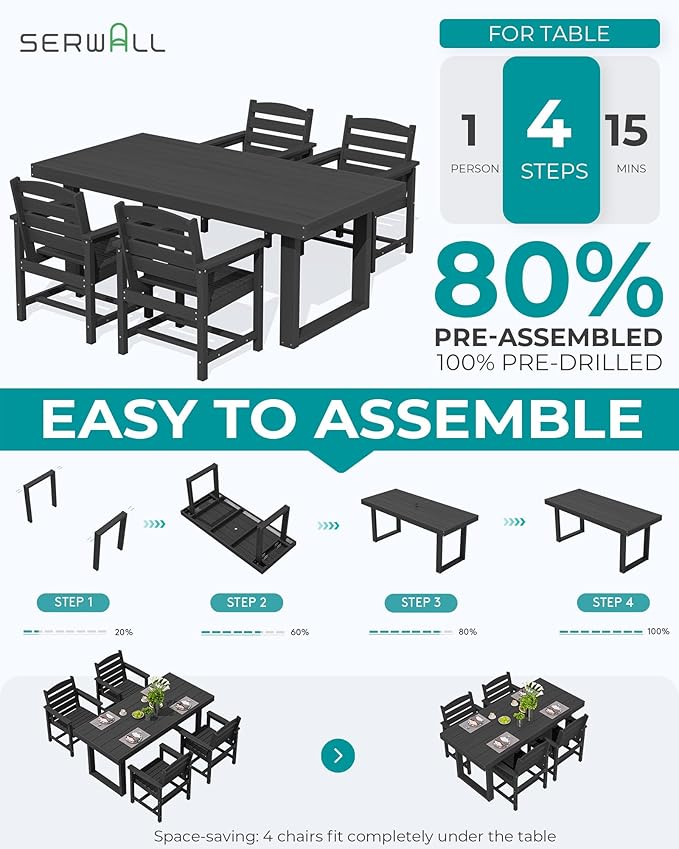 SERWALL HDPE Outdoor Dining Set for 4, 67'' All Weather Patio Dining Table and Chairs Set for Deck, Lawn, Black