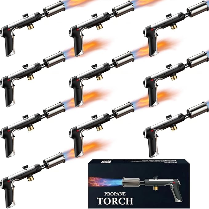 Propane Torch - 3272°F High Heat Torch Gun with Adjustable Flame & Safety Lock, for BBQ Grilling, Charcoal Ignition, Cooking and DIY Projects (10-Pack)