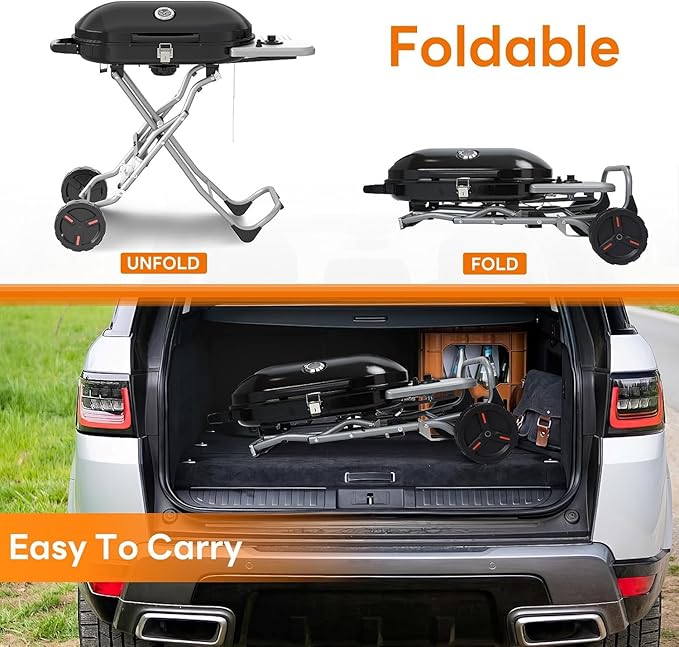 Propane Gas Grill, Portable BBQ Gas Grill with 348 Sq.In. Large Grilling Areas, 15000BTUs, Portable & Foldable BBQ Griddle for Outdoor Camping, Tailgating, Parties, Backyard, Black