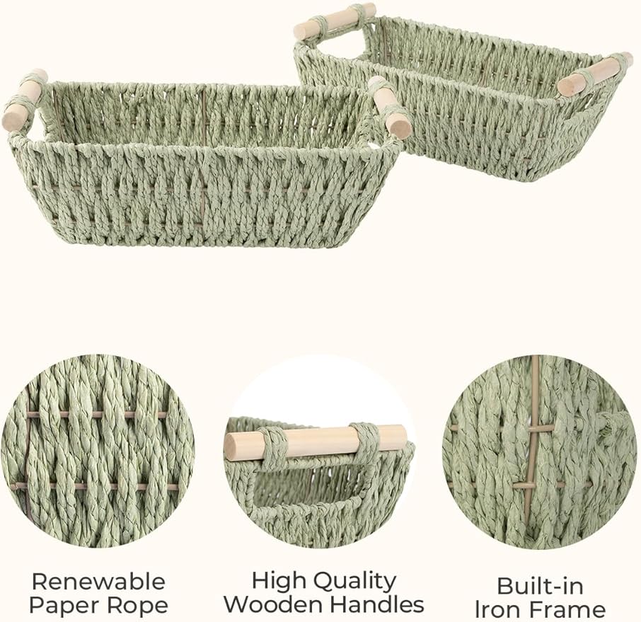 StorageWorks Round Paper Rope Woven Basket with Wooden Handles for Gifts, Small Woven Baskets for Shelf, Bosana Green, 2-Pack