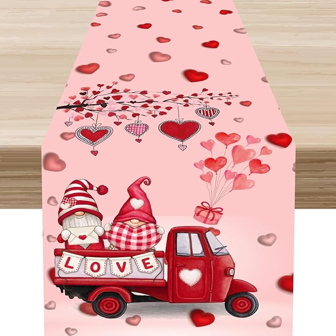 Valentines Day Table Runner,Pink Red Heart Gnomes Truck Balloon Valentines Runner for Table Seasonal Cute Decor for Indoor Outdoor Dining Table Decorations, 13"x108"