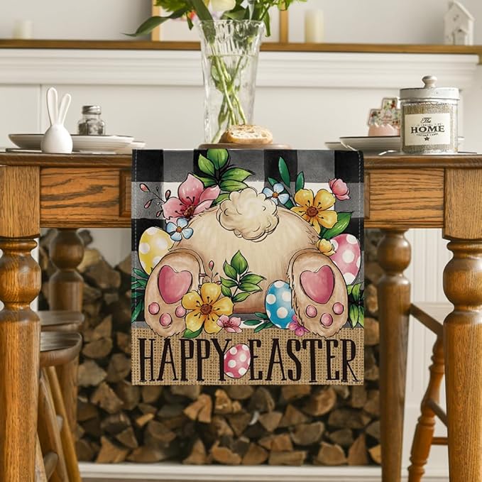 Artoid Mode Buffalo Plaid Bunny Egg Flowers Happy Easter Table Runner, Seasonal Spring Kitchen Dining Table Decor for Home Party Decor 13x60 Inch