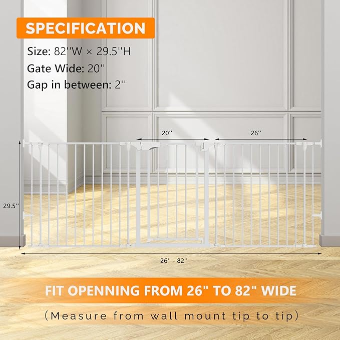Bonnlo 82-Inch Versatile Safety Gate Metal Baby/Pet Gate Configurable Dog Barrier - Ideal for Wide Door Openings, Stairways, Doorways, Includes Wall Mounts