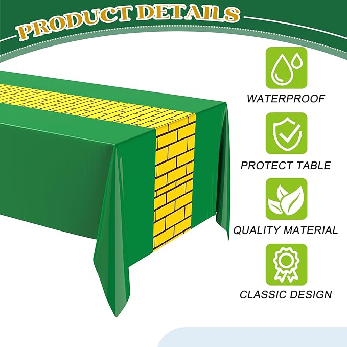 3 Pcs Yellow Brick Runner Tablecloth 54 x 108 Inch Brick Wall Backdrop Green Waterproof Rectangle Disposable Cover, Princess Decorations Party Supplies for Christmas Cosplay Party