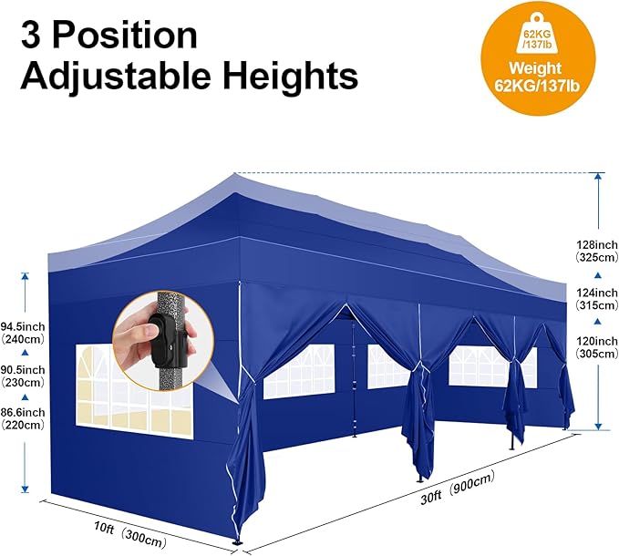 COBIZI 10x30 Pop up Canopy Tent 10x30 Canopy with Sidewall Waterproof Heavy Duty Commercial for Parties Outdoor Garden Gazebo Tent, Carry Bag with Wheel(10x30ft with Sidewalls,Dark Blue)