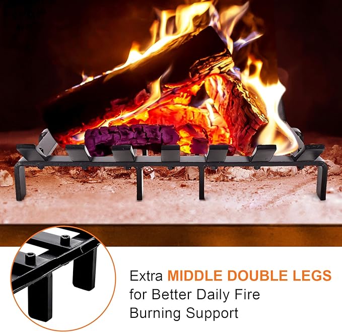 17“ Fireplace Grates Wood Stove Grate Rack Stove Burning Rack Heavy Duty Solid Steel 7-Bars Firewood Holder Easy Assembly Fire Grate for Indoor Hearth Outdoor Firepit Matt Black