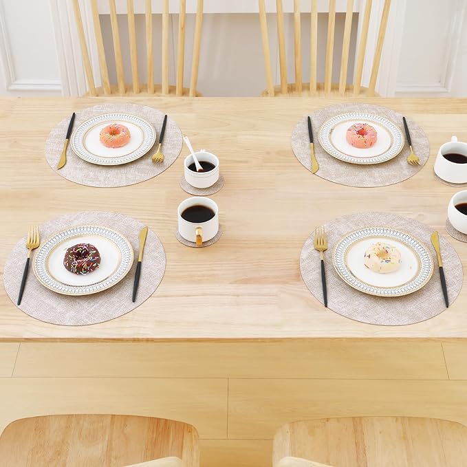 Homaxy Round Faux Leather Placemats and Coasters, Washable Dual-Side Table Mats, Wipeable Heat-Resistant Dining Place Mats for Outdoor and Indoor, Set of 12, Diameter 13 and 3.93 inch, Beige