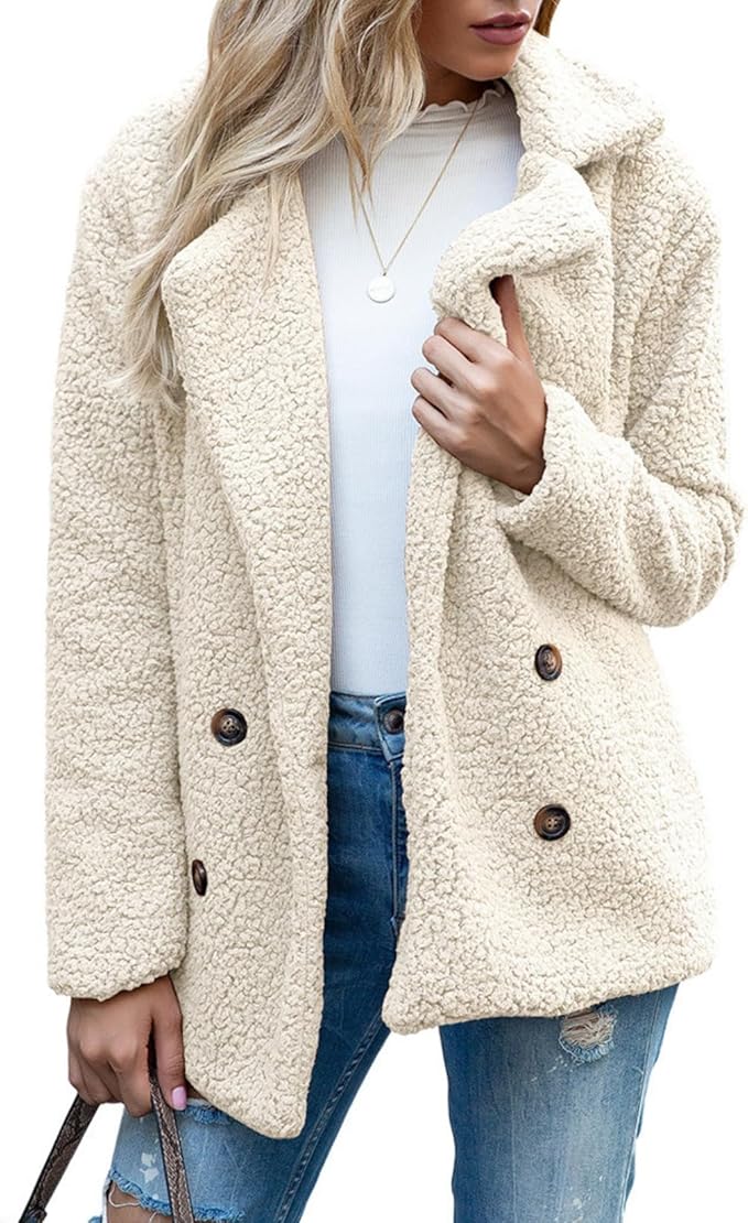 Women's Winter Warm Plush Cardigan Fuzzy Fleece Lapel Jacket with Buttons Pockets Long Sleeve Casual Outerwear
