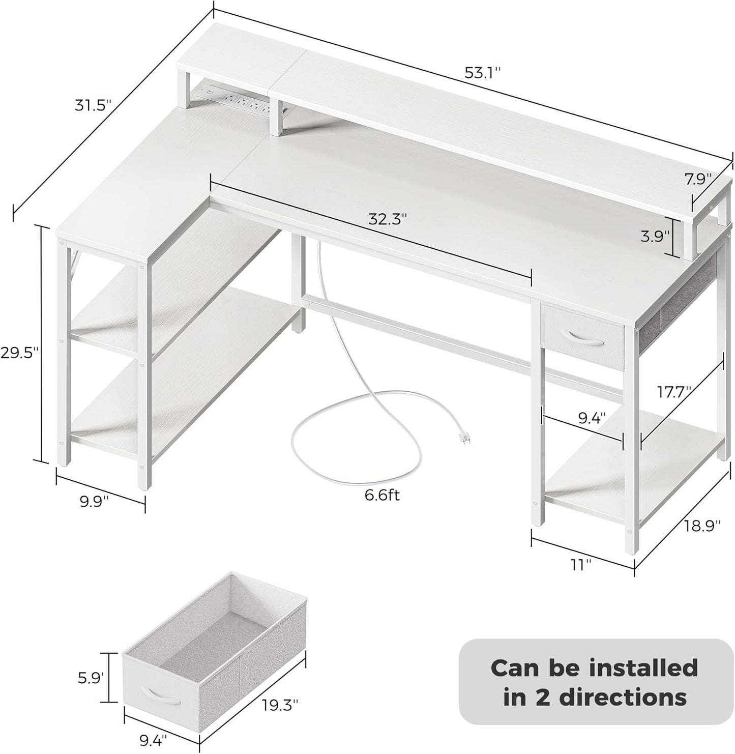 SUPERJARE 53 inch Reversible L Shaped Desk with LED Lights & Power Outlets, Computer Desk with Shelves & Monitor Stand, Gaming Desk with Drawer, Home Office Desk Corner Desk, PU White Drawer