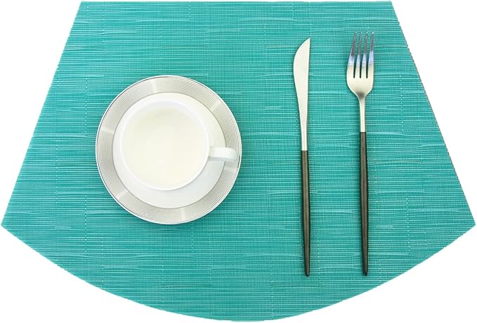 PIGCHCY Wedge Shaped Placemats for Dining Table Cross-Weave Washable Vinyl Placemat Heat Resistant Round Table Mats Set of 4 (Teal Blue)