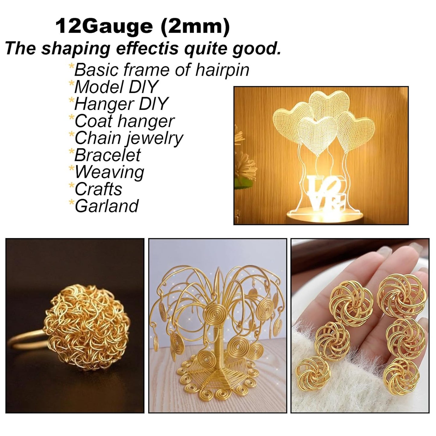 12 Gauge(2mm) Aluminum Wire 35 Yards Anodized Metal Wire for Bonsai Armature Crafting Sculpting Jewelry Craft Making Beading Floral (Gold, 12 Gauge)