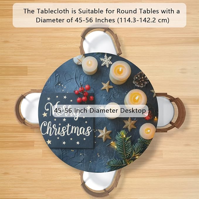 Merry Christmas Candle Star Round Table Cloth Cover, Elastic Edge Waterproof Wipeable Tablecloths 45"-56" Polyester Tablecloth for Party Restaurant Banquet Holiday Camping Outdoor Picnic
