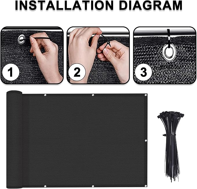 LOVE STORY 3'x12' Black Balcony Screen Privacy Fence Cover UV Protection (HDPE) Weather-Resistant 3 FT Height Shield for Deck, Patio, Backyard, Outdoor Pool, Porch, Railing