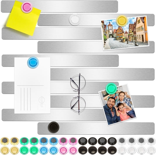 Wukong 10 Pack | 30x3cm(11.81 x 1.18) Magnetic Stainless Silver Boards Strips, Adhesive Backing Bulletin Bar Board, Memo Board with 32Pcs Colorful Magnets for Office, Home, Photo Wall, Documents