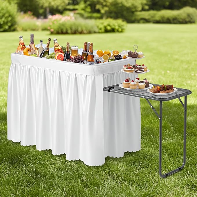 VINGLI Ice Table with Side Table, Portasble Cooler Table with Removable Skirt, Patio Table, Indoor & Outdoor Bar for Events, Parties and Camping White