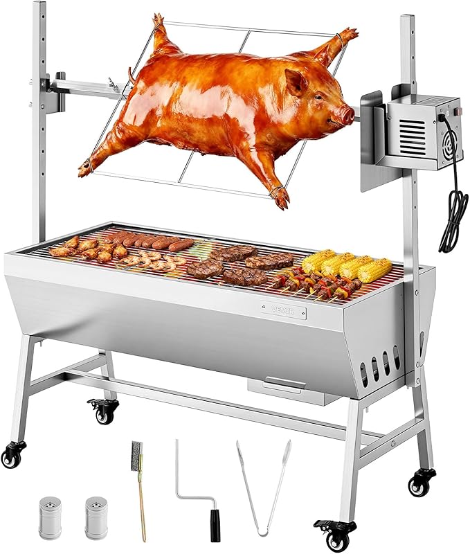 VEVOR Rotisserie Grill, 37in BBQ Outdoor Pig & Lamb Spit Roaster, Charcoal Spit Roaster with 132 LBS Capacity, Wheels, 7-Level Height, Stainless Steel Electric Rotisserie Grill Kit for Camping Outdoor