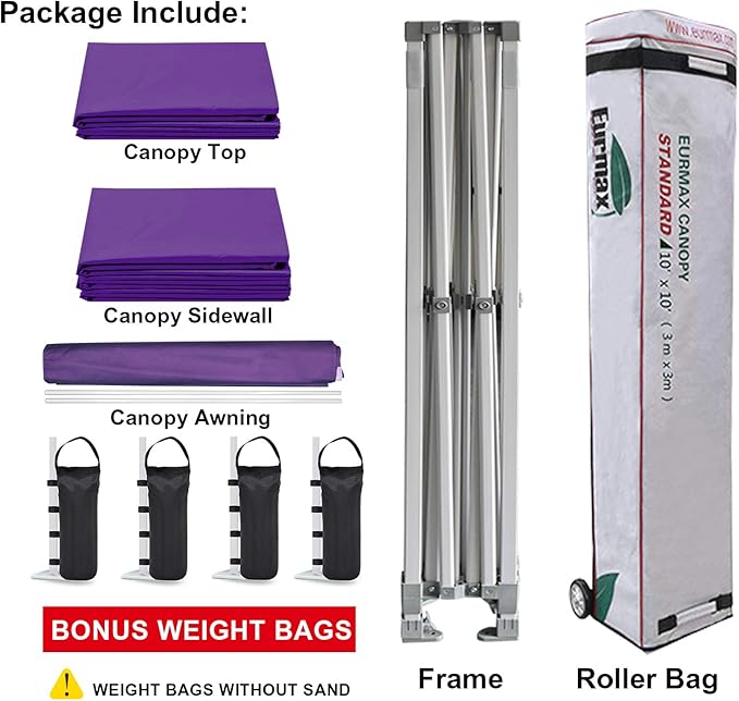Eurmax USA 10 x 10 Pop up Canopy Commercial Tent Outdoor Party Canopies with 4 Removable Zippered Sidewalls and Roller Bag Bonus 4 Canopy Sand Bags & 24 Squre Ft Extended Awning (Purple)