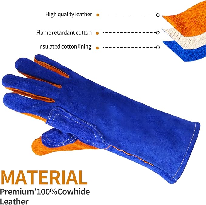 Leather Welding Gloves - Thick Premium Cow Split Leather, Heat Resistant, Welding, Grilling, BBQ & Fireplace