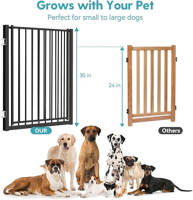 No Pawblems Free Standing Dog Gate with Door, 30'' Tall Foldable Dog Fence for Indoor & Outdoor, Up to 156 Inch Extra Wide Puppy Gate for Stairs, Hallways, Doorways, Deck, Yard (Black, 6 Panels)