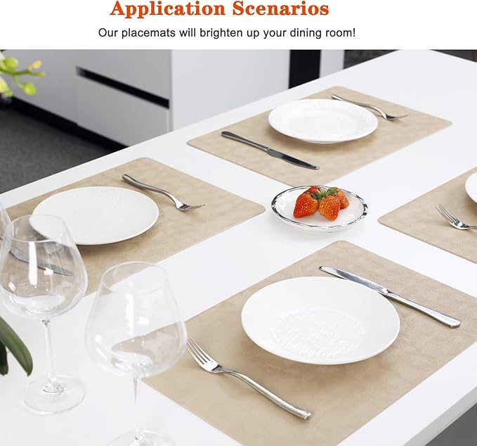 Vinyl Placemats Set of 4 Heat Resistant Easy Clean Non-Slip Place Mats for Dining Table. Faux Leather Waterproof Stain Resistant Wipeable Washable PU Table Mats(4, Beige)