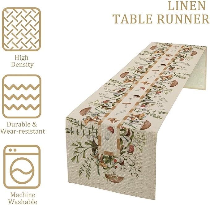 Wild Mushroom Table Runner, Retro Floral Plants Botanical Print Table Cover for Kitchen Dining Table Wedding Home Party Decor, 13x120inch