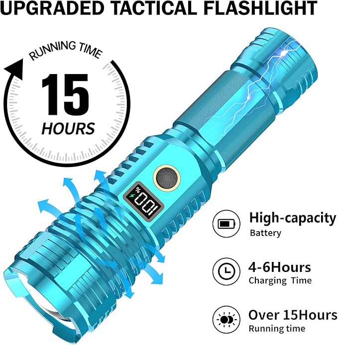 Flashlights High Lumens Rechargeable, LED Super Bright Flash Light Long Beam, Zoomable Linternas with LCD Digital Display, 5 Mode, Waterproof, Powerful Tactical Flashlight for Emergencies Camping Gift
