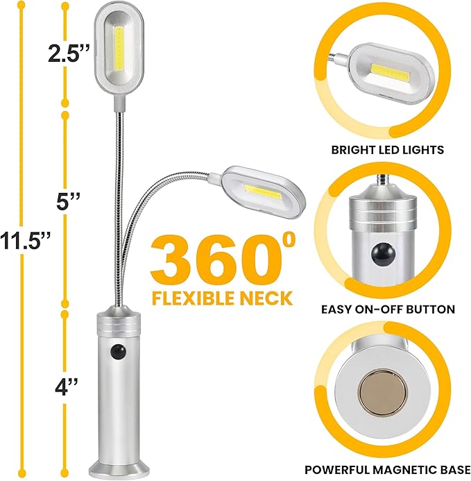 BBQ Grill Lights Magnetic Base Super-Bright LED Lights-360 Degree Flexible Gooseneck, Weather Resistant, Task Lighting Barbecue Grilling, 2 Pack (Silver)