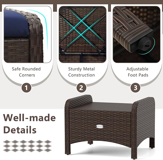 Tangkula 2 Pieces Outdoor Patio PE Wicker Ottomans with Removable Cushions, Outdoor Furniture for Additional Seating, Footrest and Side Table, Outdoor Footstools for Porch, Garden and Backyard