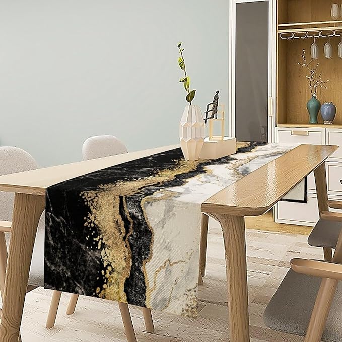 Marble Table Runner, Ink Golden Marble Texture Table Runner for Kitchen Wedding Farmhouse Indoor Outdoor Home Party 13x108in